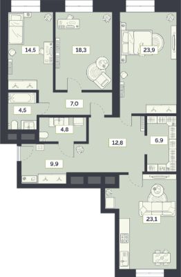 3-комн.кв., 126 м², этаж 15