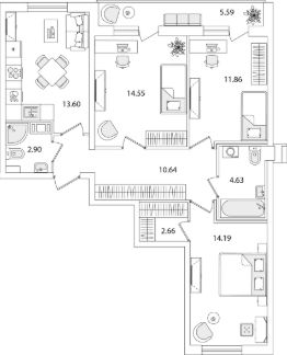 3-комн.кв., 78 м², этаж 8