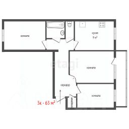 3-комн.кв., 63 м², этаж 1