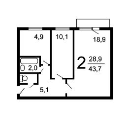 2-комн.кв., 43 м², этаж 4