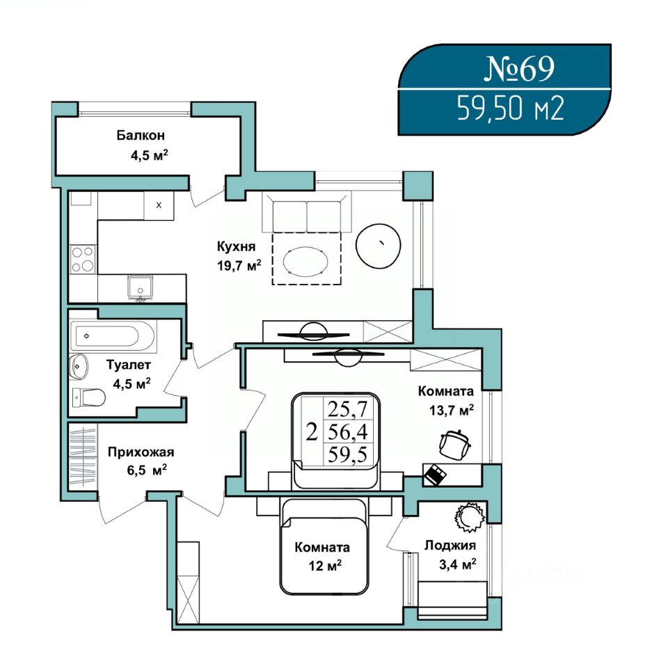 Купить двухкомнатную квартиру 59,5м² Севастополь, Азимут жилой комплекс -  база ЦИАН, объявление 298736007