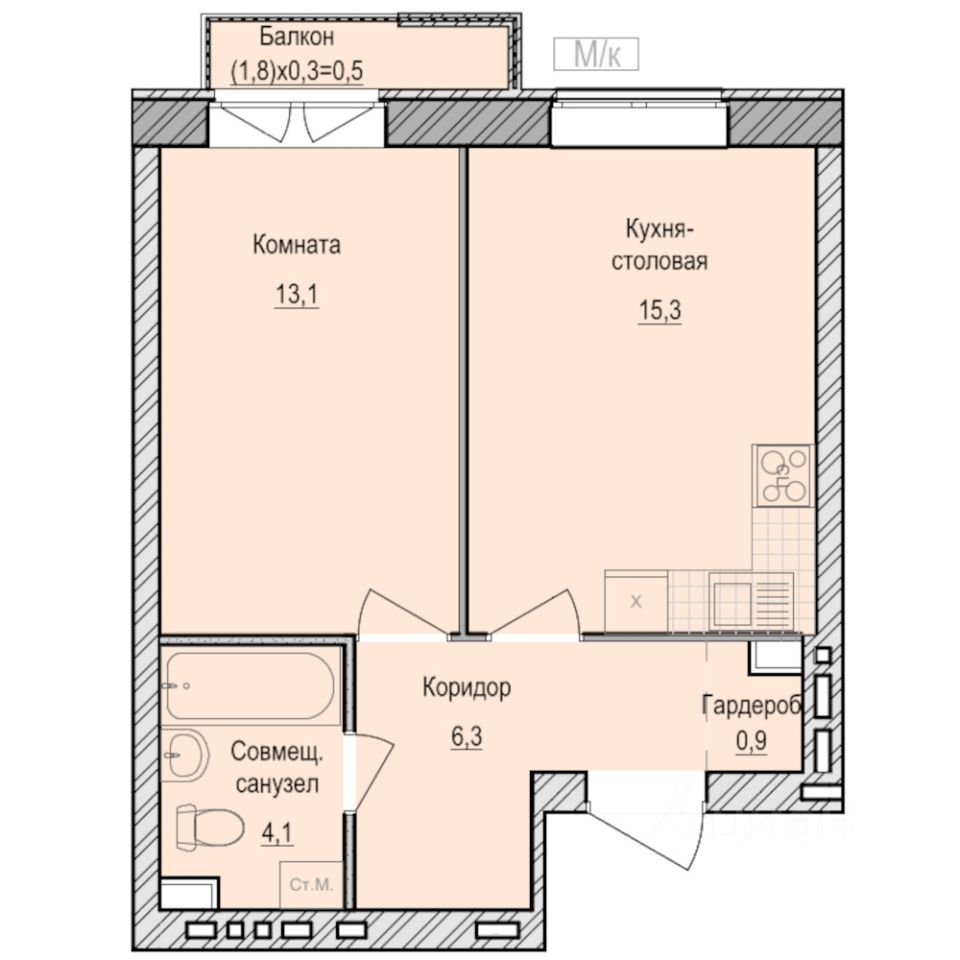 1-комн.кв., 40,2 м², 5/6 этаж