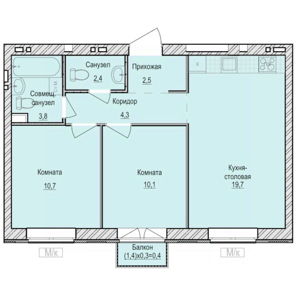 2-комн.кв., 53,9 м², 2/6 этаж