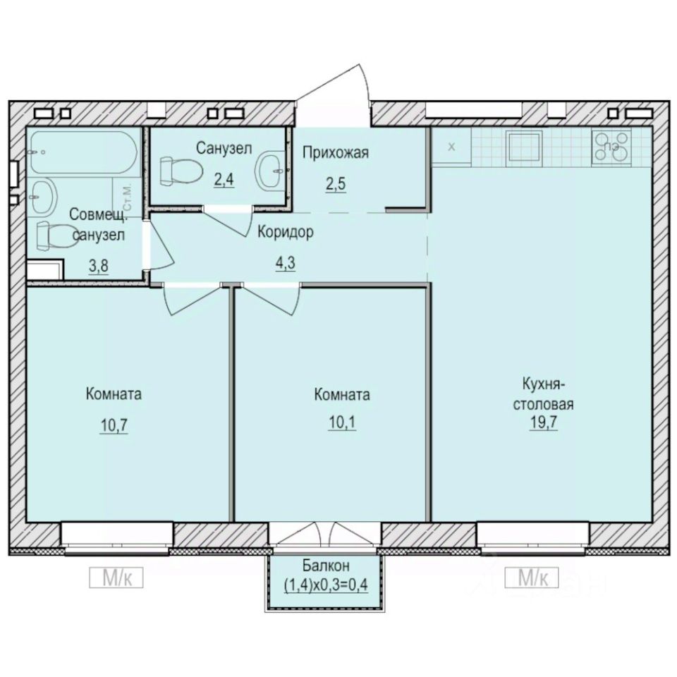 2-комн.кв., 53,9 м², 4/6 этаж