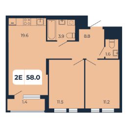 2-комн.кв., 58 м², этаж 11