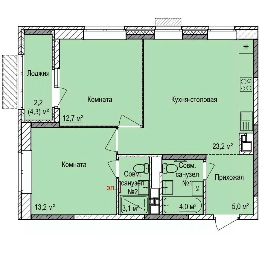 2-комн.кв., 63,4 м², 3/17 этаж