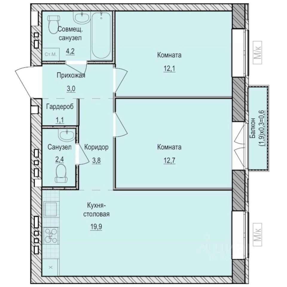 2-комн.кв., 59,8 м², 2/6 этаж