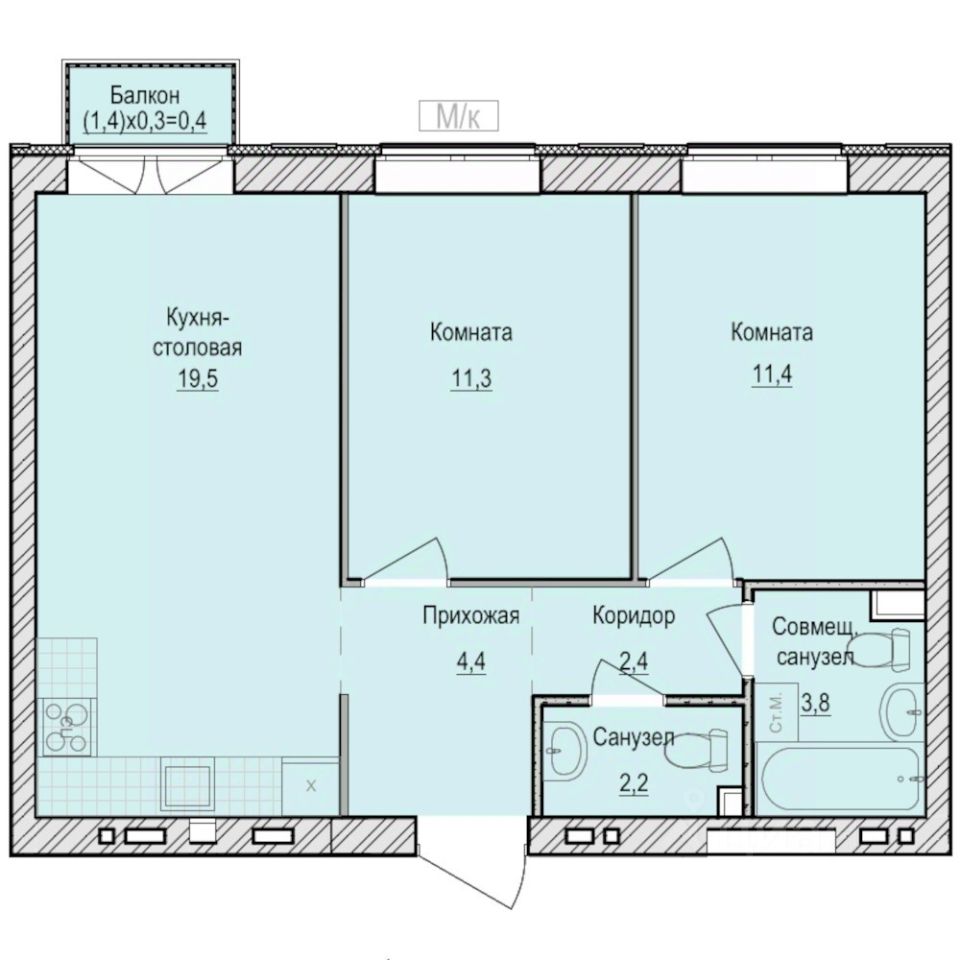 2-комн.кв., 55,4 м², 3/6 этаж
