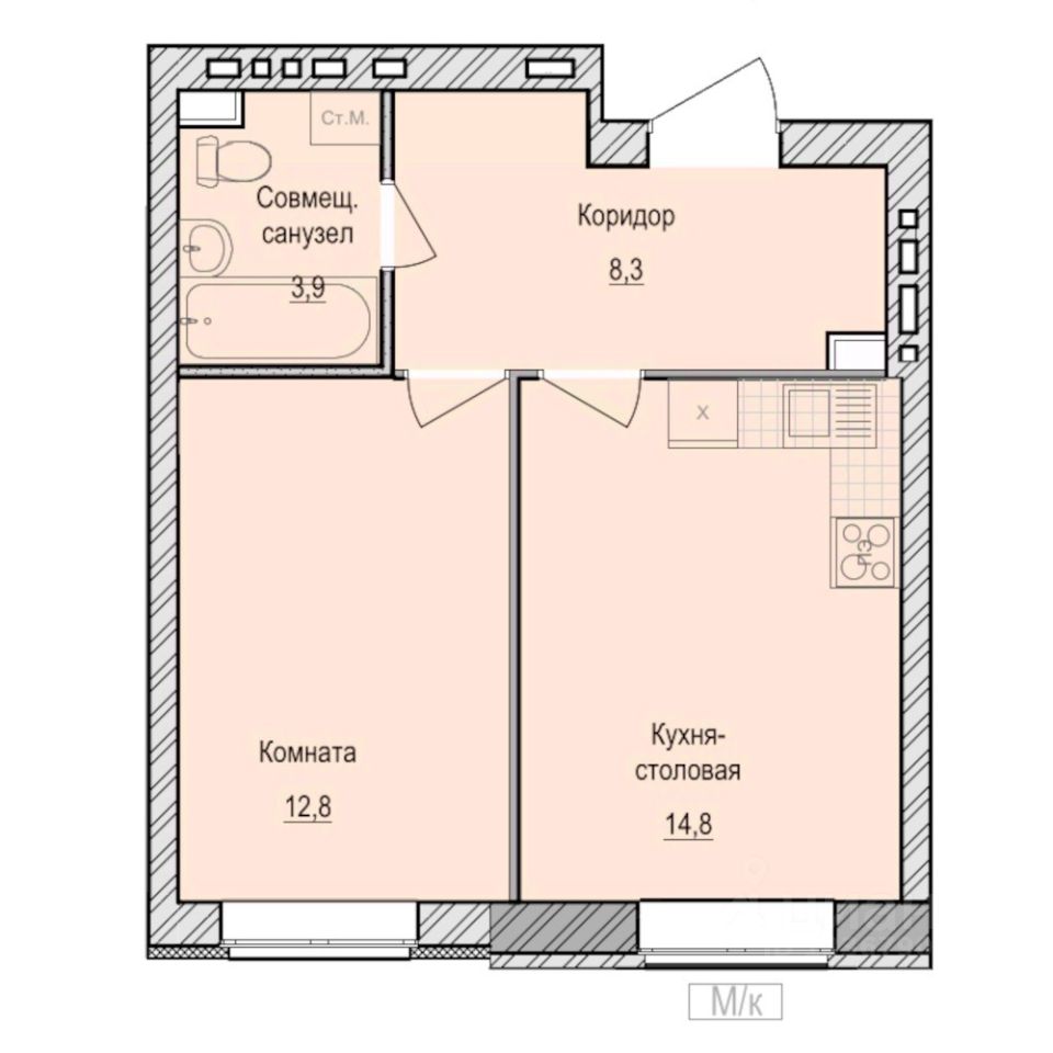 1-комн.кв., 39,8 м², 1/6 этаж