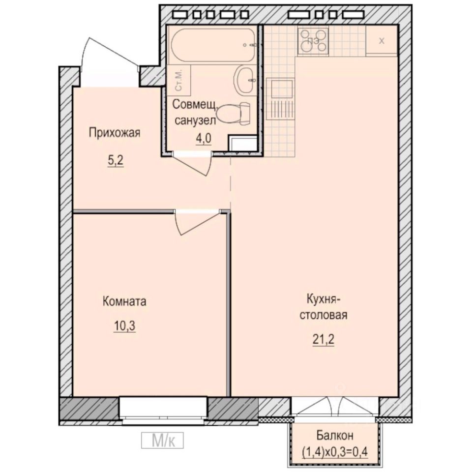 1-комн.кв., 41,1 м², 3/6 этаж