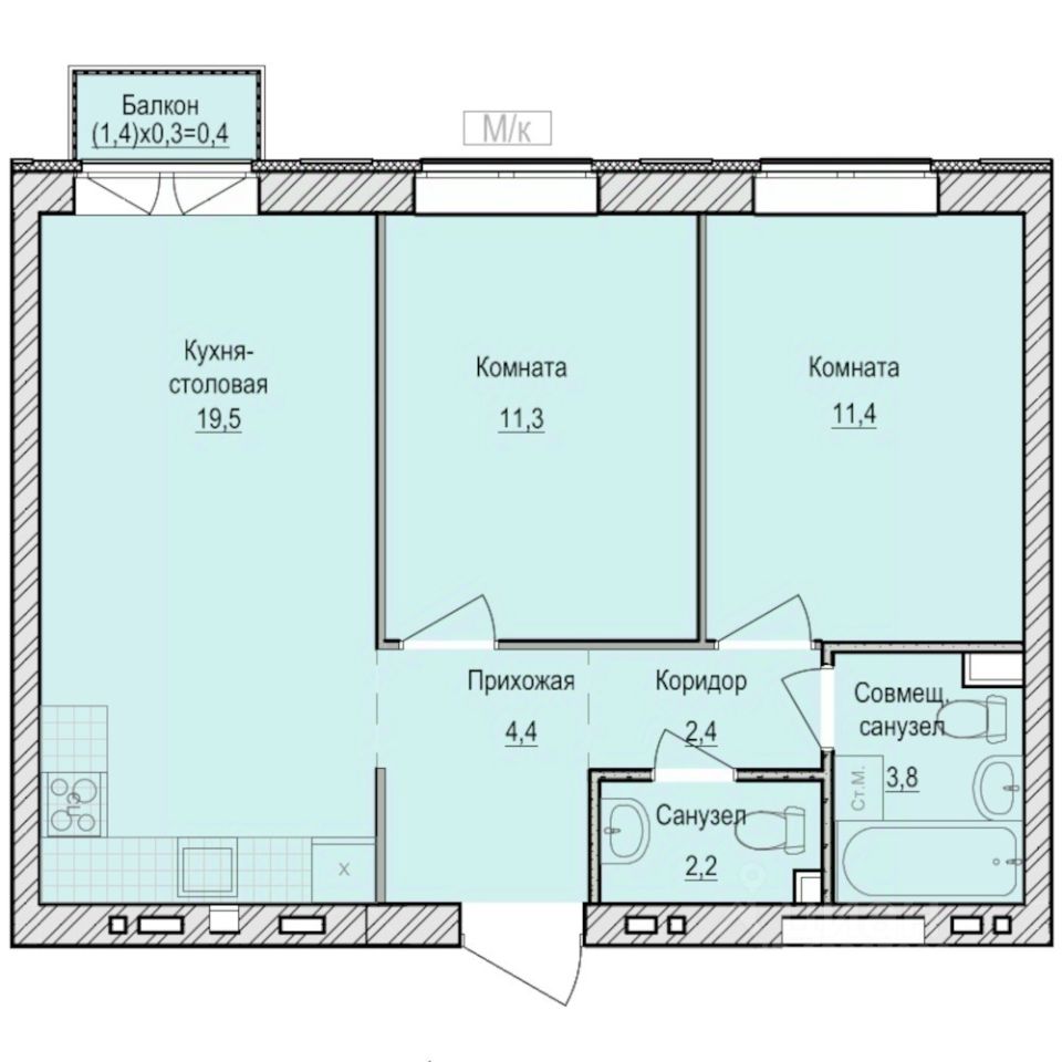 2-комн.кв., 55,4 м², 4/6 этаж