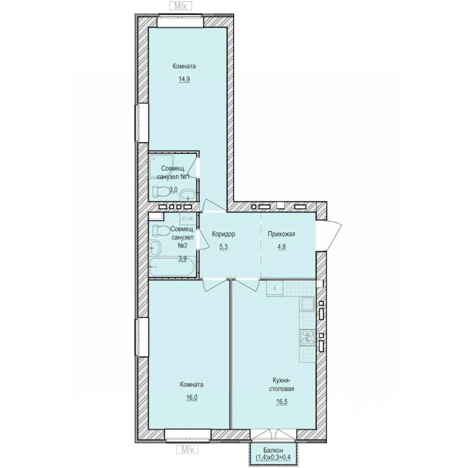 2-комн.кв., 64,8 м², 2/6 этаж