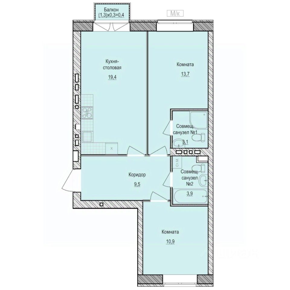 2-комн.кв., 60,9 м², 3/6 этаж