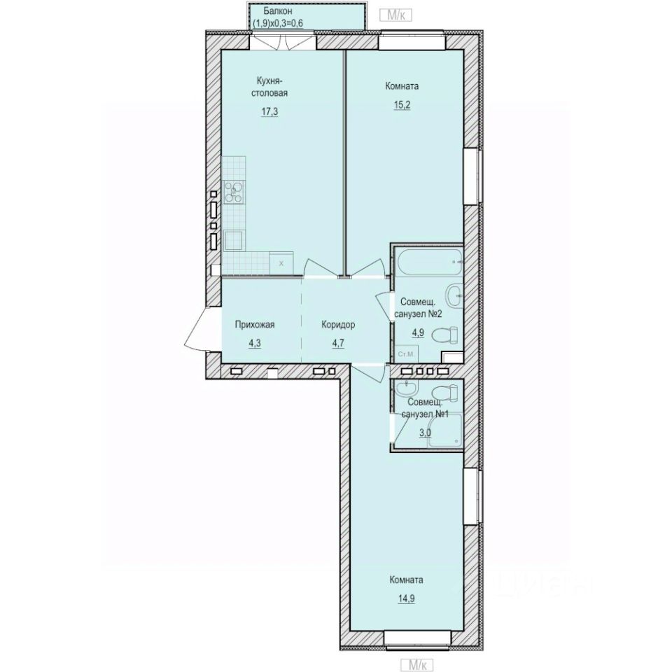 2-комн.кв., 64,9 м², 3/6 этаж