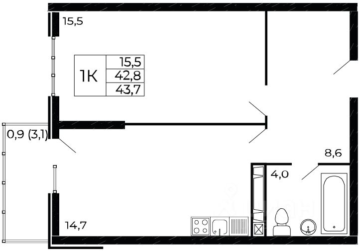 1-комн.кв., 43,7 м², 8/19 этаж