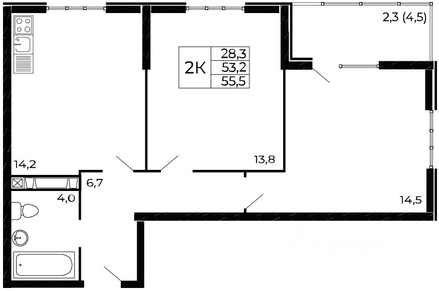 2-комн.кв., 55,5 м², 14/19 этаж