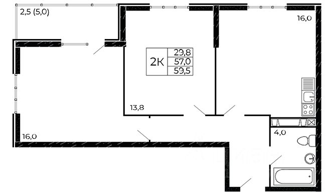 2-комн.кв., 59,5 м², 18/19 этаж