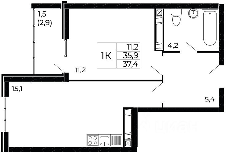 1-комн.кв., 37,4 м², 18/19 этаж