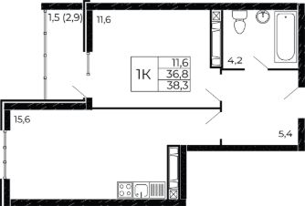 1-комн.кв., 38 м², этаж 2