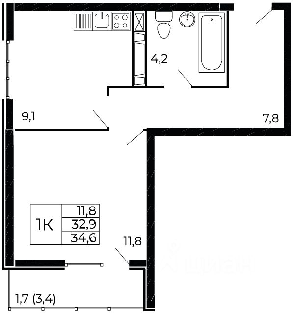 1-комн.кв., 34,6 м², 17/18 этаж