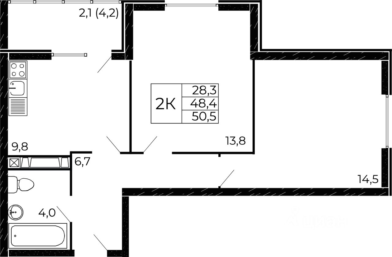 2-комн.кв., 50,5 м², 17/18 этаж