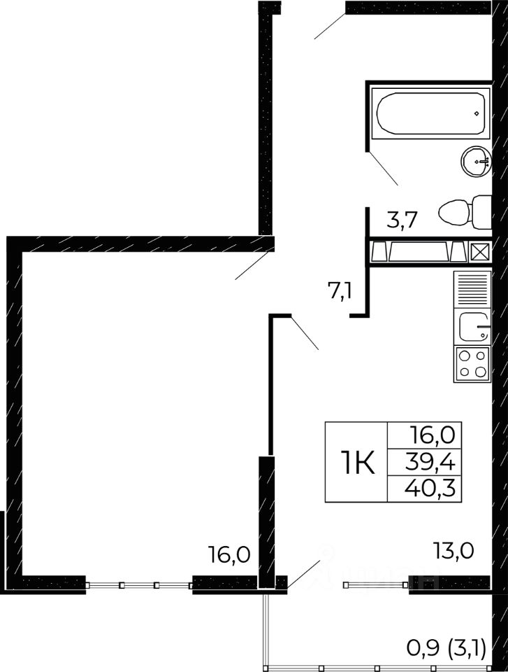 1-комн.кв., 40,3 м², 17/18 этаж