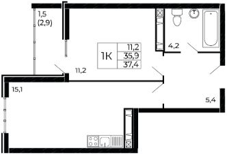 1-комн.кв., 37 м², этаж 6