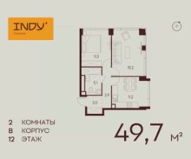 2-комн.кв., 50 м², этаж 12