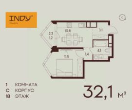 1-комн.кв., 32 м², этаж 18