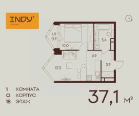 1-комн.кв., 37 м², этаж 18