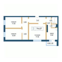 3-комн.кв., 74 м², этаж 4