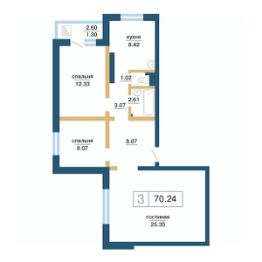 3-комн.кв., 70 м², этаж 14