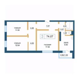 3-комн.кв., 74 м², этаж 16