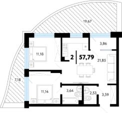 2-комн.кв., 58 м², этаж 2