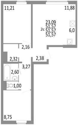 2-комн.кв., 52 м², этаж 1