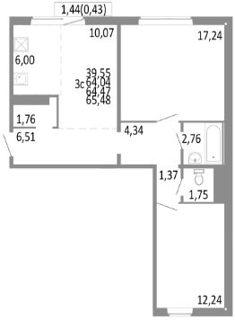 3-комн.кв., 64 м², этаж 4