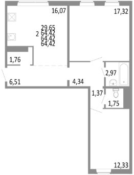 2-комн.кв., 64 м², этаж 2