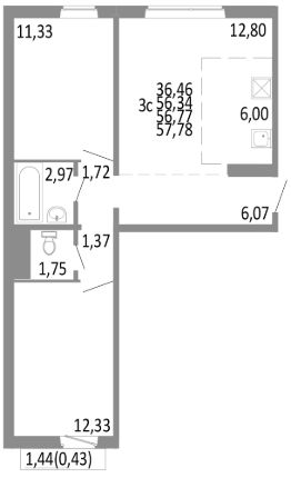 3-комн.кв., 57 м², этаж 10