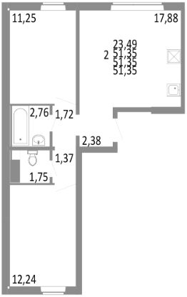 3-комн.кв., 51 м², этаж 1