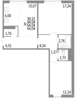 3-комн.кв., 64 м², этаж 2