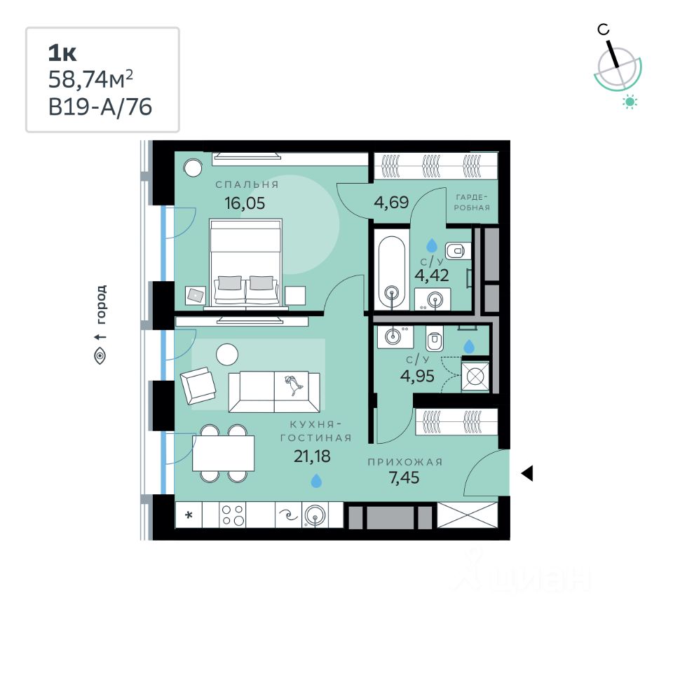 Купить 1-комнатную квартиру в квартале В19 в жилом комплексе Сберсити,  продажа однокомнатных квартир во вторичке и первичке на Циан. Найдено 9  объявлений