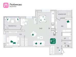 3-комн.кв., 78 м², этаж 21