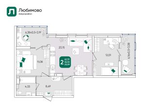 2-комн.кв., 62 м², этаж 16