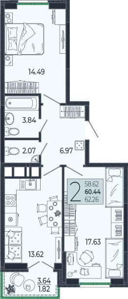 2-комн.кв., 60 м², этаж 15