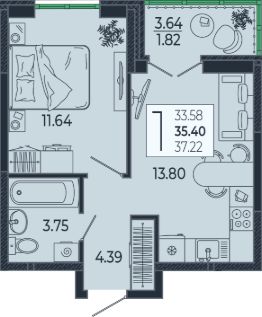 1-комн.кв., 35 м², этаж 2