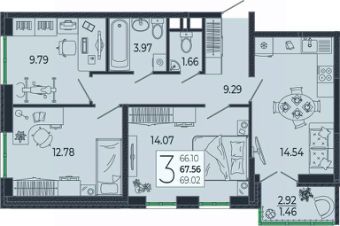 3-комн.кв., 68 м², этаж 12