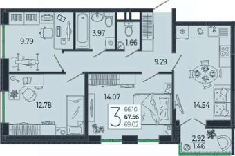 3-комн.кв., 68 м², этаж 9