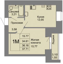 1-комн.кв., 36 м², этаж 7