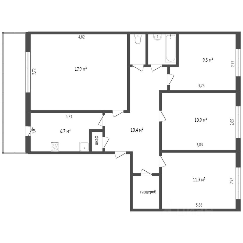 Купить четырехкомнатную квартиру 74,1м² ул. Юности, 24, Нижнекамск,  Татарстан респ., Нижнекамский район - база ЦИАН, объявление 298843152