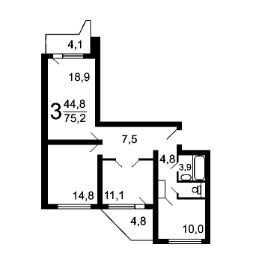 3-комн.кв., 75 м², этаж 13